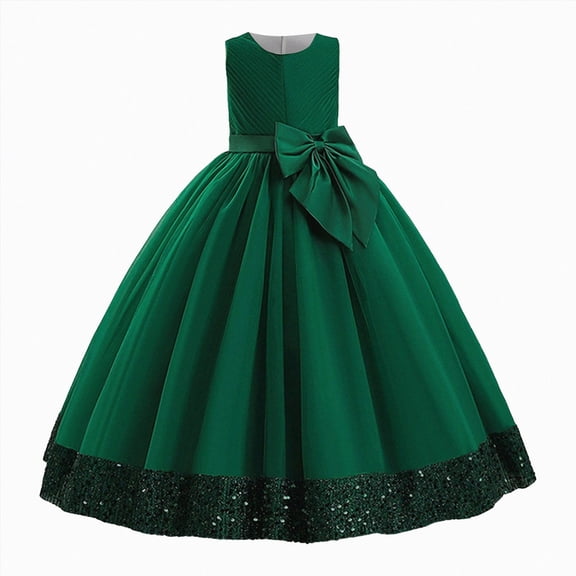 Girls Dresses Birthday Wedding Dresses for Girls Sleeveless Sequin Puffy Skirt with Double Bows