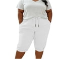 thumbnail image 3 of Women's Plus Size Imitation Linen Knee‑Length Shorts, Drawstring Elastic Waist Utility Pockets, Loose Sport Shorts for Beach Workout Daily | TruHer,White 3XL, 3 of 8