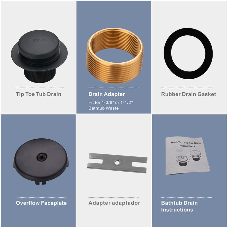 Anpean Tip-Toe Tub Drain Kit - Matte Black Brass Drain With Basket Strainer & Single Hole Overflow Faceplate