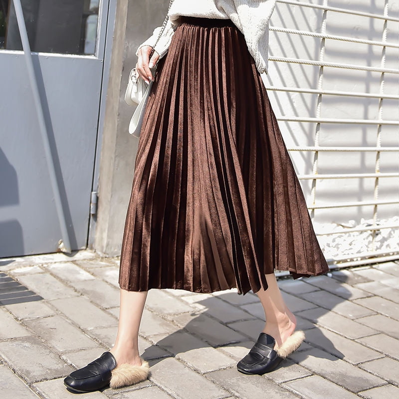 Volkmi Or Velours Jupe Mi Longueur Femmes 2020 Automne et Hiver Nouvelle Jupe Plissee Taille Haute slim Jupe Longue A Ligne Jupe black M Walmart