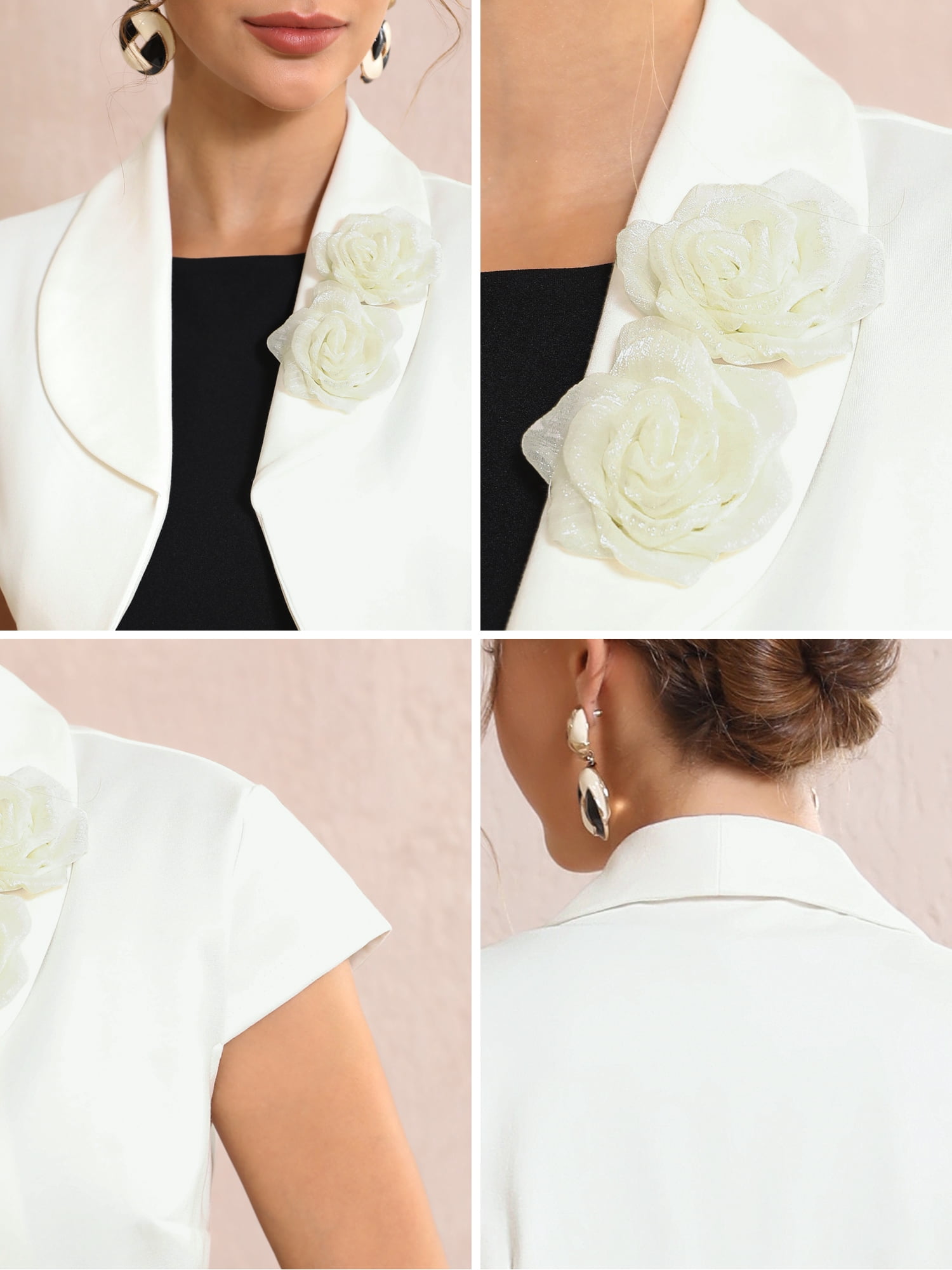 DARING DIVA Women's 3D Flower Collared Short Sleeve Jacket Bolero XL White