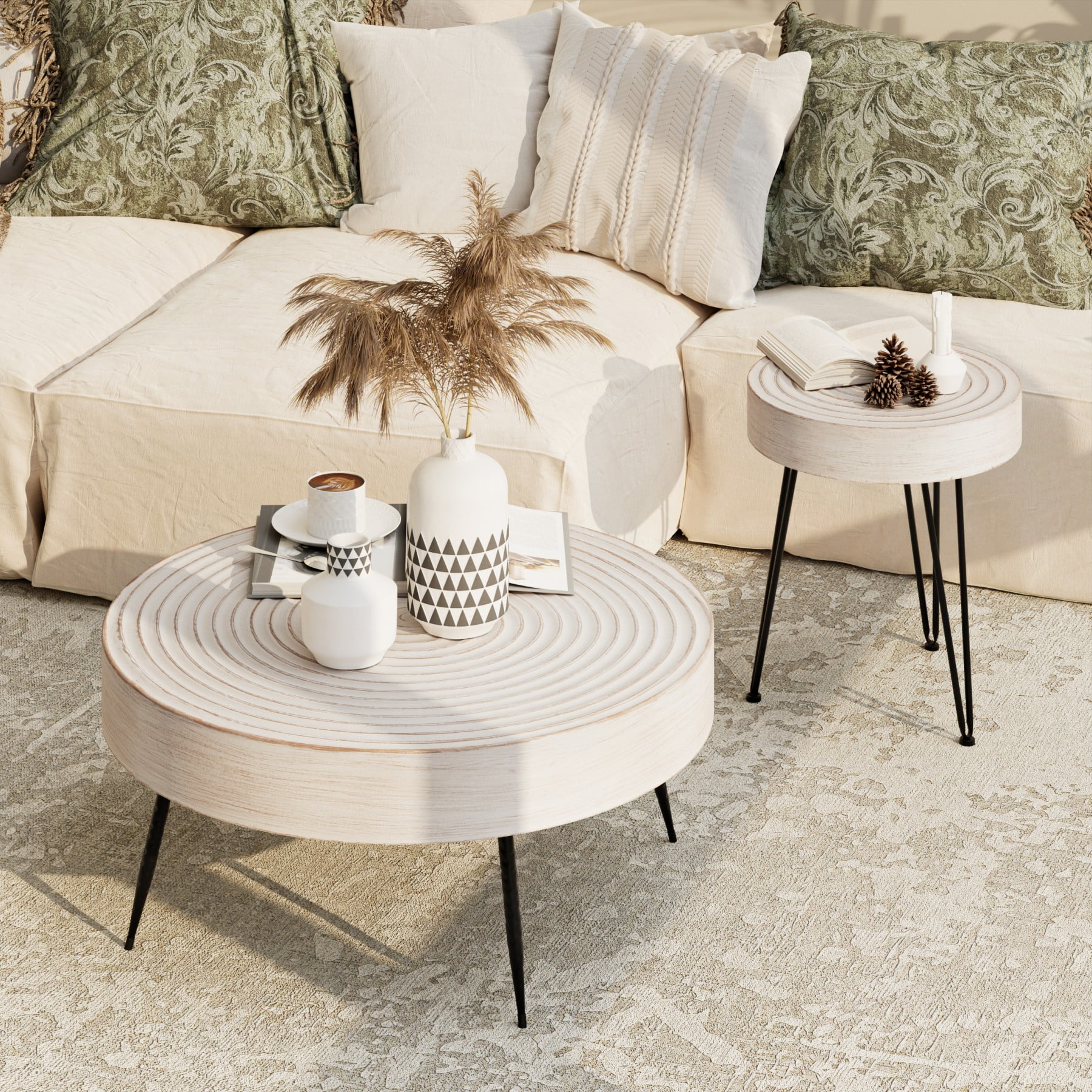 COZAYH Rustic Handmade Ring Pattern MDF and Metal Coffee Table, White