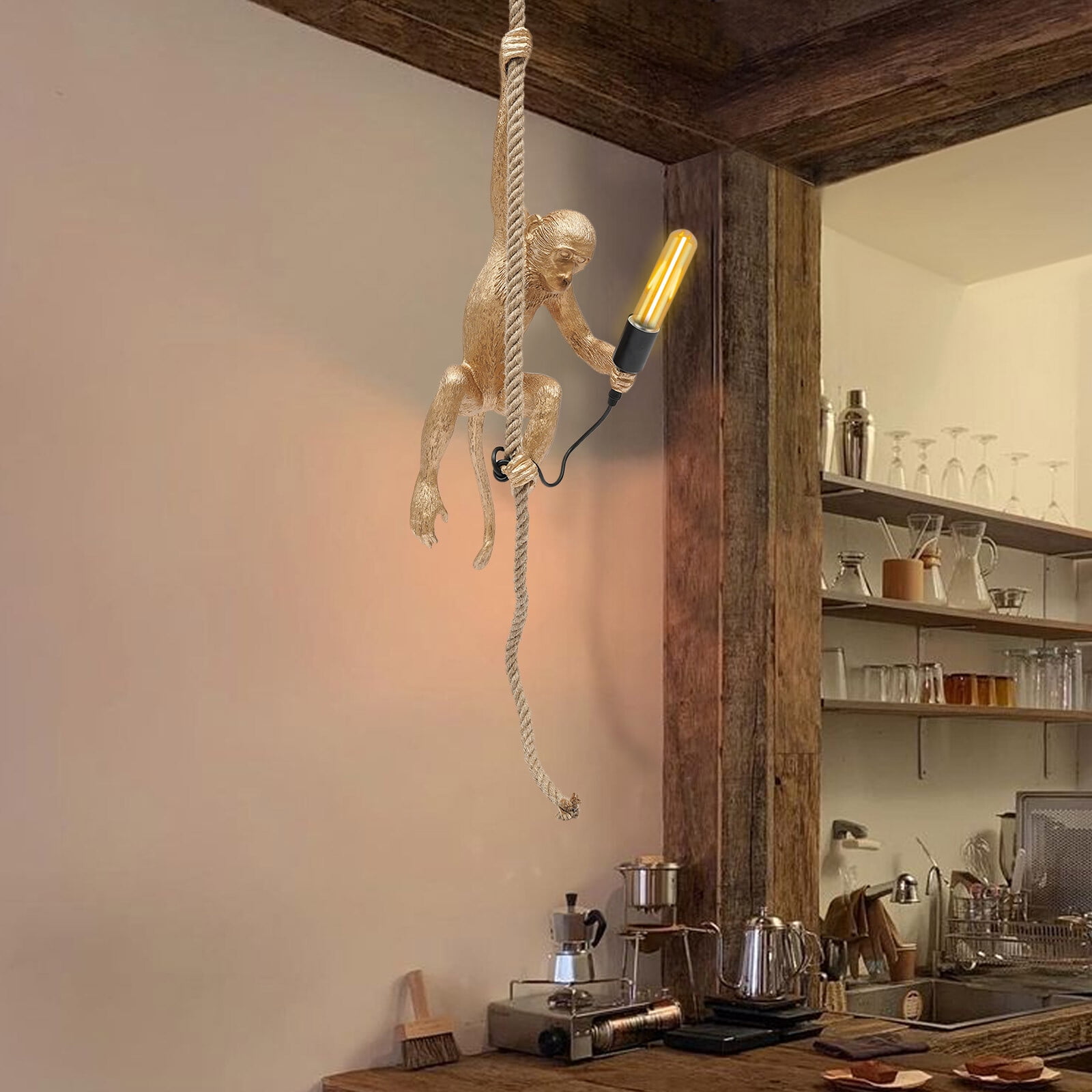 Vintage Resin Hemp Rope Monkey Pendant Light, LED Monkey Chandelier Lamp Fixture E27 for Dining Living Room Golden