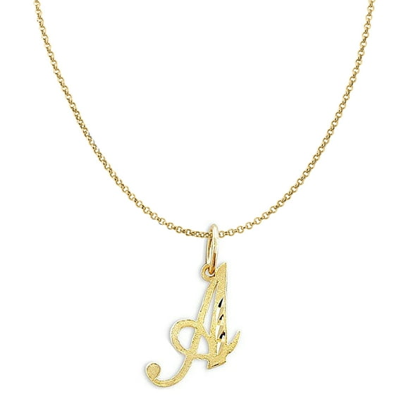 Genuine 14K Yellow Gold 0.78" Fancy Cursive Letter Initial A Necklace 16", 18", 20", 22" Trendy Charm Initial Necklaces for Women