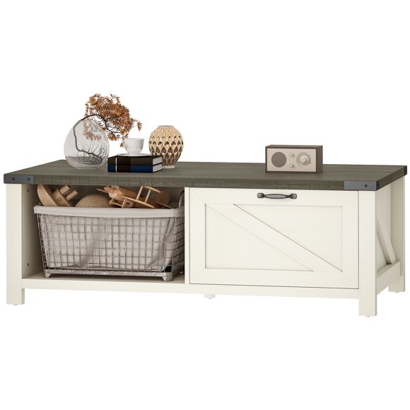 HOMCOM Farmhouse Coffee Table with Drawer, Open Storage Shelf for Living Room, Dining Room, Office, Distressed White