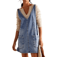 thumbnail image 1 of Salopette Courte en Denim pour Femmes, Bretelles Réglables, Jupe-Short à Taille Haute, Combinaison-Robe Décontractée en Jean, Bleu Pâle, S, 1 of 7