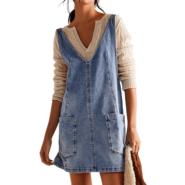 Salopette Courte en Denim pour Femmes, Bretelles Réglables, Jupe-Short à Taille Haute, Combinaison-Robe Décontractée en Jean, Bleu Pâle, S