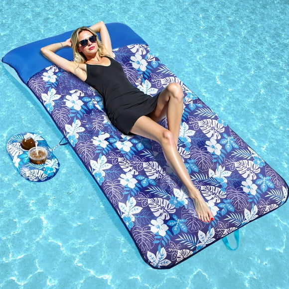 WERNNSAI Oversize Pool Floats Lounge for Adults 74" x 37.4" Extra Large Inflatable Pool Raft with Cup Holder Headrest Fabric Covered Multi-Purpose Pool Floaties for Party