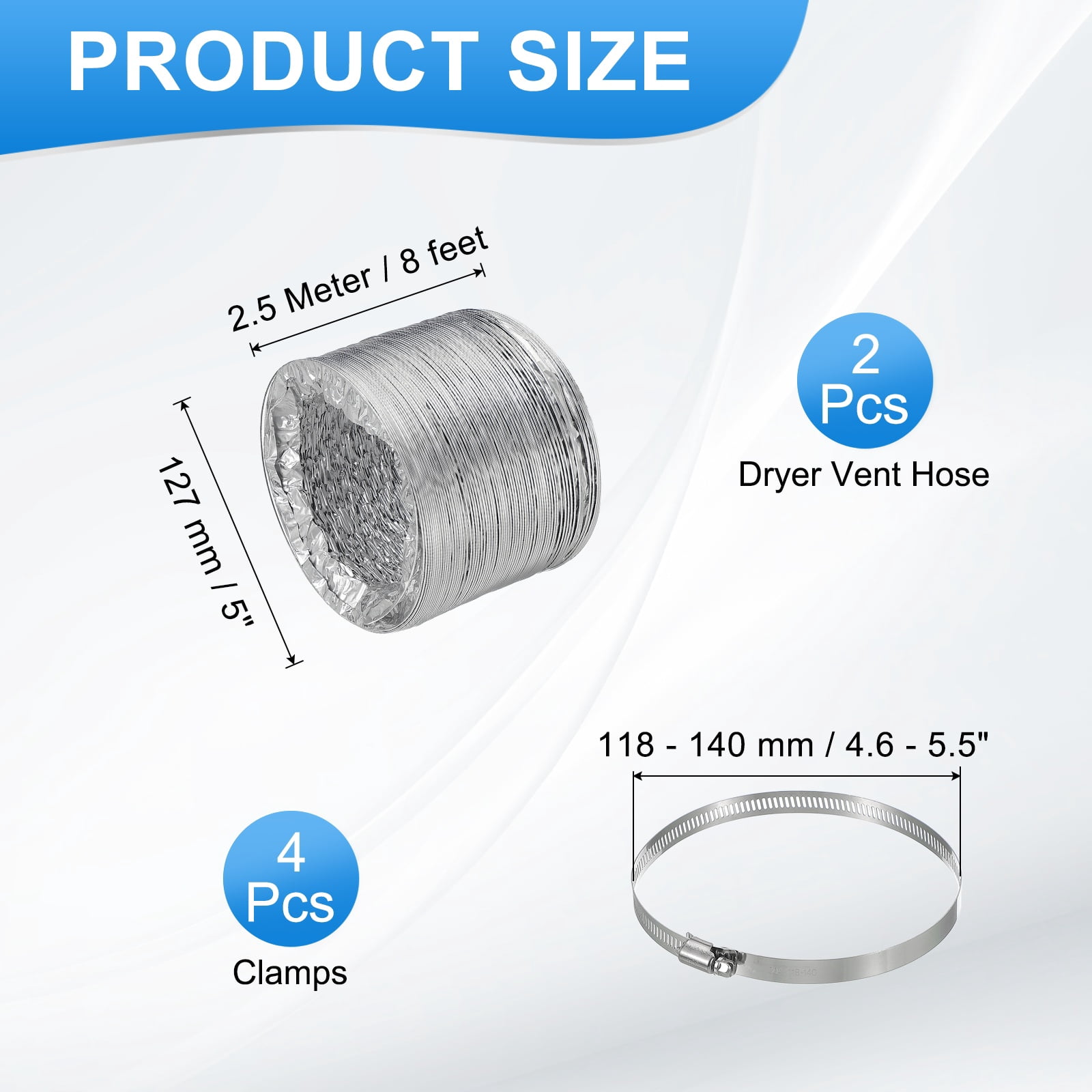 Uxcell 8Ft Dryer Vent Hose 5" Dia. 2Pcs Flexible Aluminum Ducting 4 Clamps Included, Silver