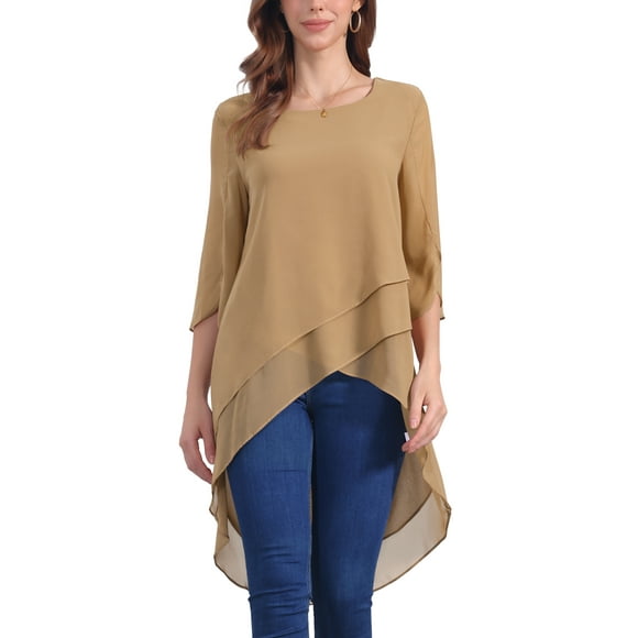 INSPIRAR CHIC Blusa de Chifón Asimétrica de Cuello Redondo para Mujer con Mangas de 3/4 y Volantes en Color Caqui Talla L