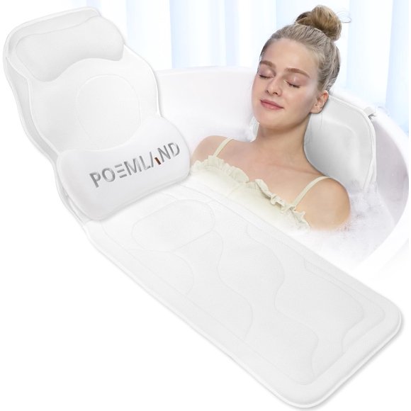 Poemland Full Body Bath Pillow for Tub - Extra Long & Thick Tub Pillow with Head, Back & Lumbar Support, 168 Non-Slip Suction Cups, Soft 5D Mesh Spa Cushion, Fits All Tubs-Gift for Soaking