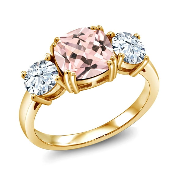 Gem Stone King 18K Yellow Gold Plated Silver Peach Nano Morganite 3 Stone Engagement Ring for Women (3.50 Cttw, Cushion 8MM, Size 7)