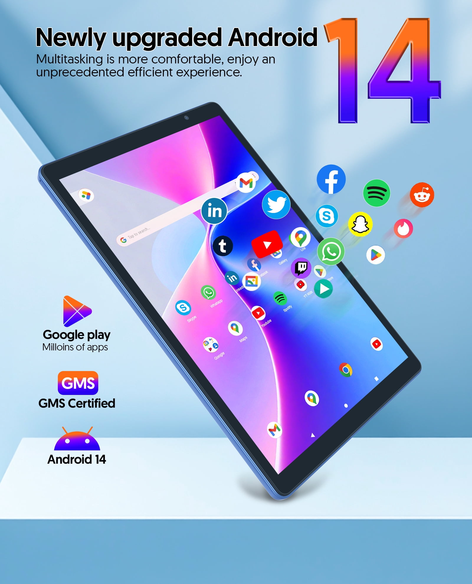 Android Tablet, 10 inch Android 14 Tablet, Quad-core CPU, RAM 4GB（2G+2G）, ROM 32GB (Up to 1TB), 800x1280 IPS, WiFi 6, 2MP+2MP, 6000mAh, Blue