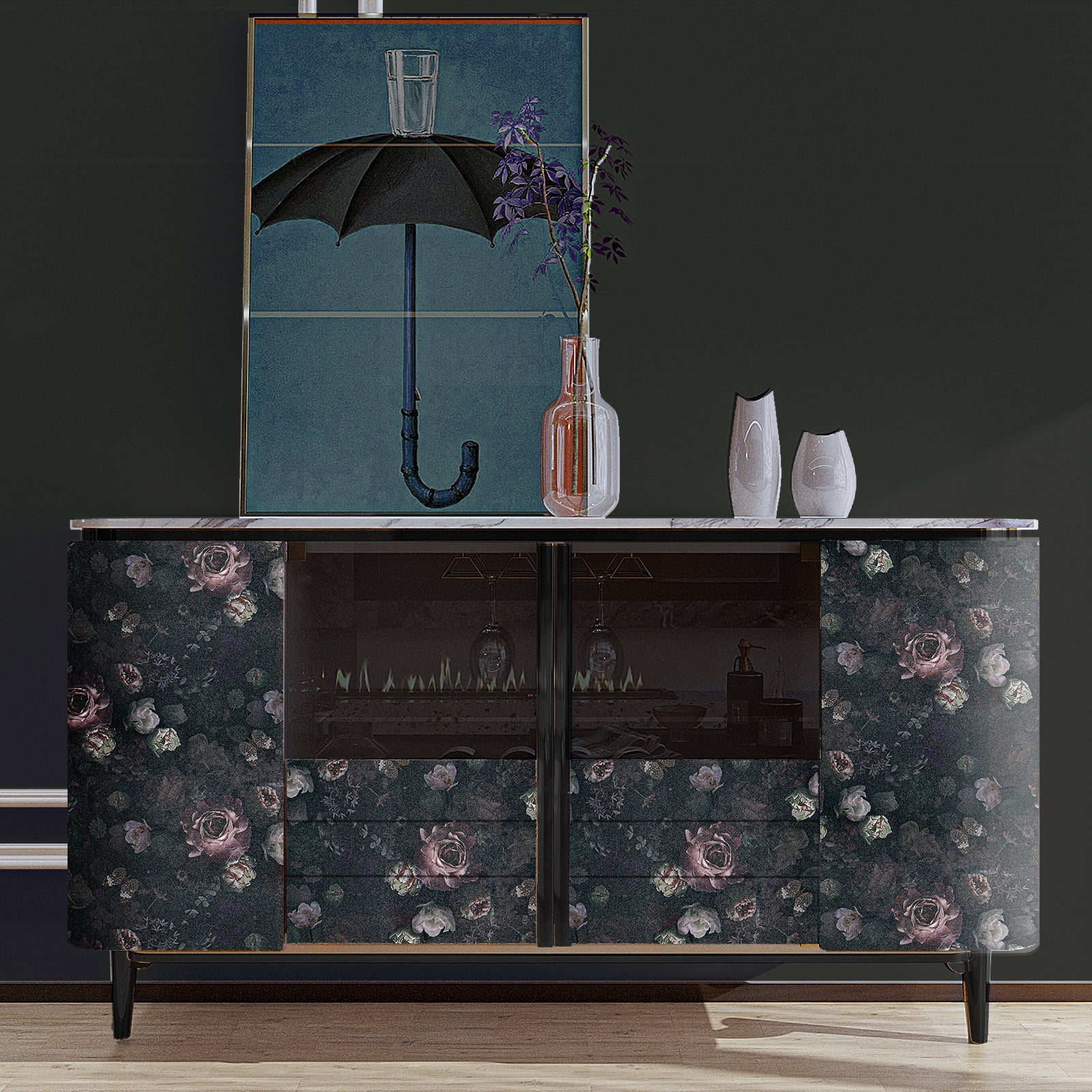 VEELIKE Vintage Dark Floral Peel and Stick Wallpaper 17.7''x354'' Butterflies Peonies Floral Wallpaper Mural Removable Self Adhesive Decorative Black Floral Contact Paper for Bedroom Bathroom Walls