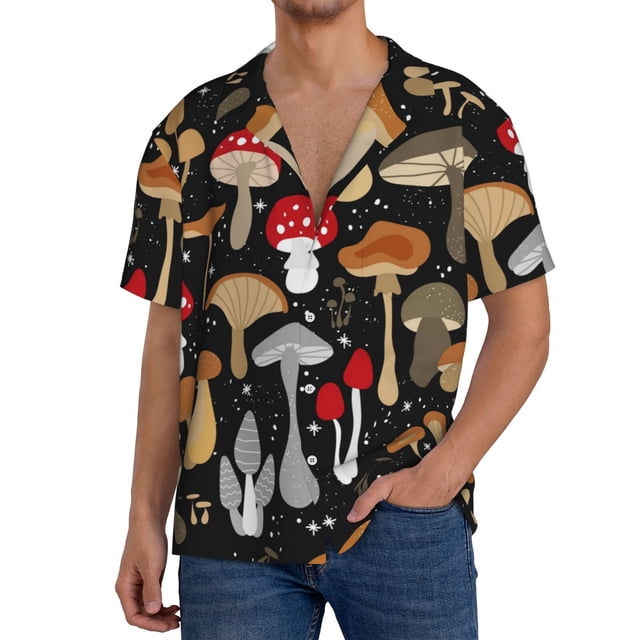 Balery Various Mushrooms Camisa Casual de Manga Corta con Botones para Hombre, Texturizada, Estilo Cubano, para Playa, Verano-Large