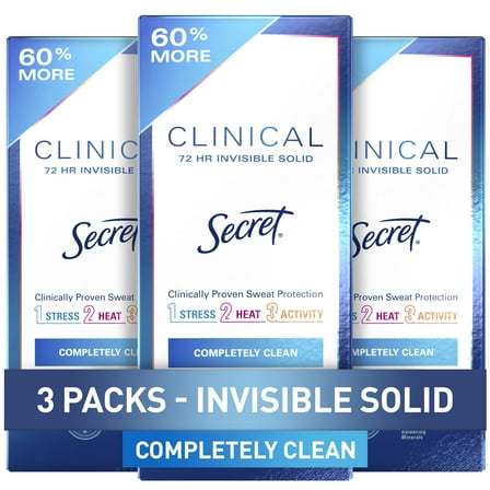 Secret Clinical Strength Invisible Solid Antiperspirant and Deodorant for Women, Completely Clean, 2.6 oz Pack of 3