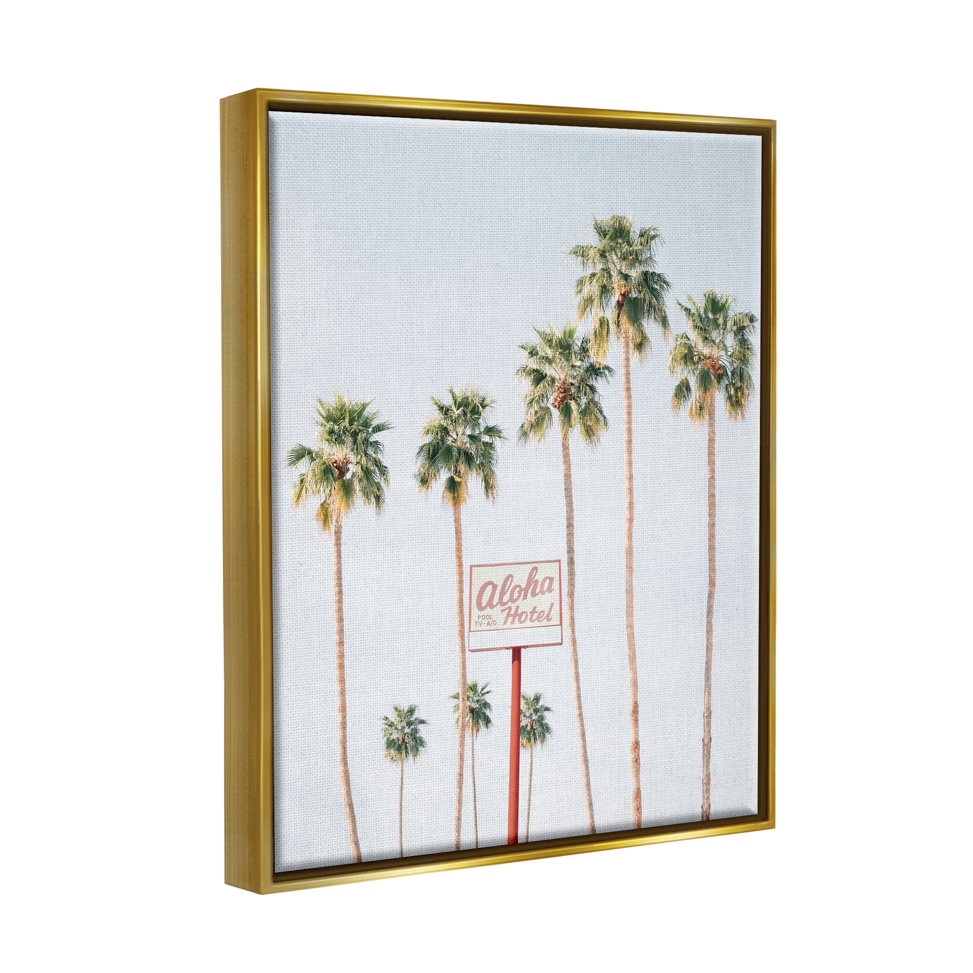 Stupell Industries Aloha Hotel with Palm Trees Botanical & Floral Painting Gold Floater Framed Art Print Wall Art, 25 x 31