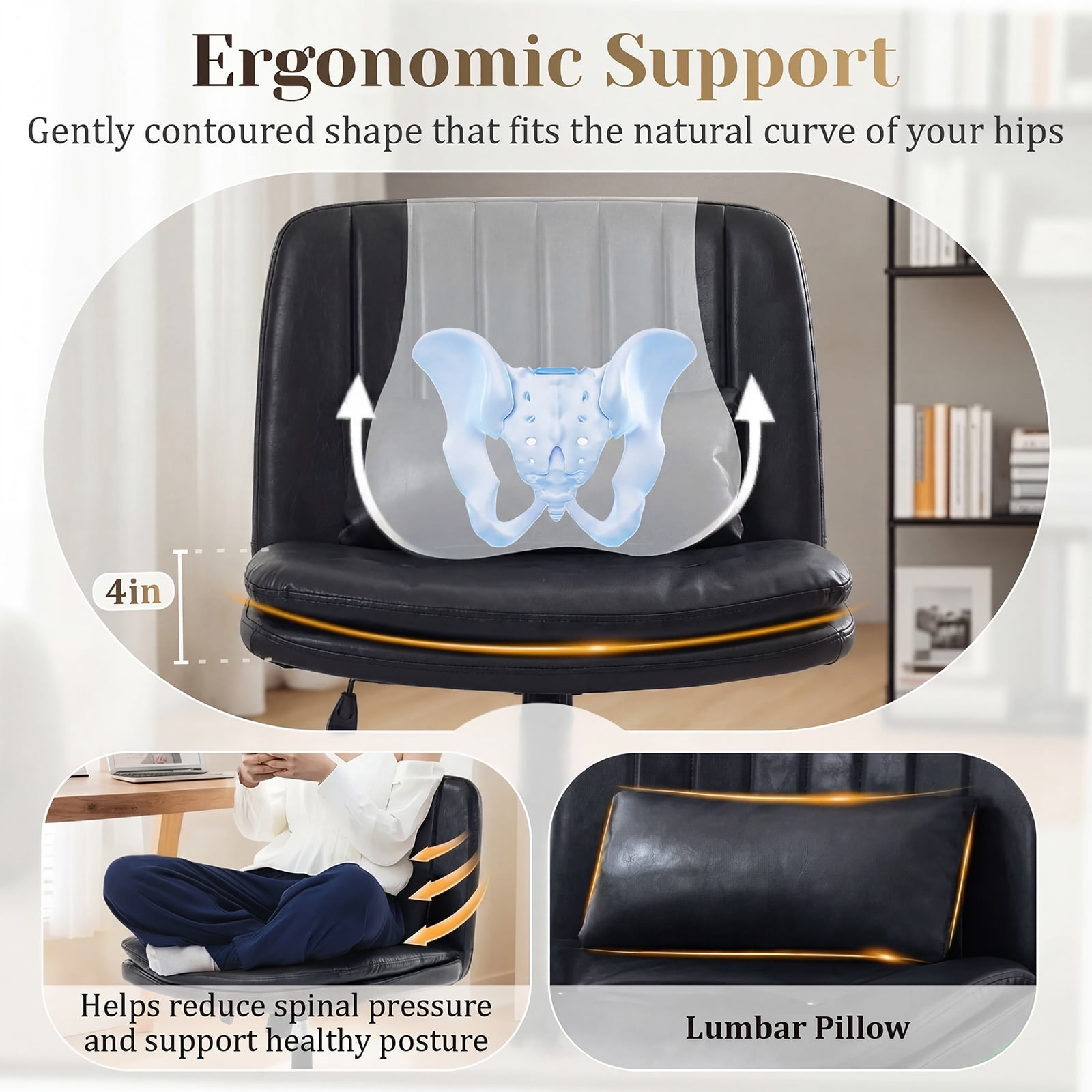 IPKIG Armless Criss Cross Office Chair w/ Lumbar Support, Adjustable Swivel PU Leather Desk Chair for Home Office, Makeup Vanity & Living Room, Black