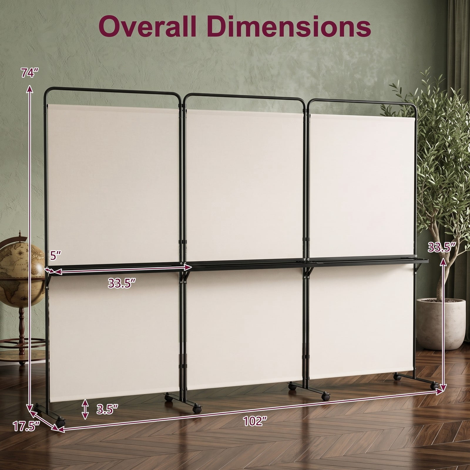 ALPULON 3-Panel Room Divider with 3 Shelves, 6 FT Tall Folding Privacy Screen Freestanding Partition with Lockable Wheels for Living Room Bedroom Office, White