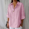 thumbnail image 2 of Women’s Summer Linen Shirts Button down Lapel Neck 3/4 Sleeve T-Shirt Casual Loose Basic Solid Tops ,Pink,XXL, 2 of 5