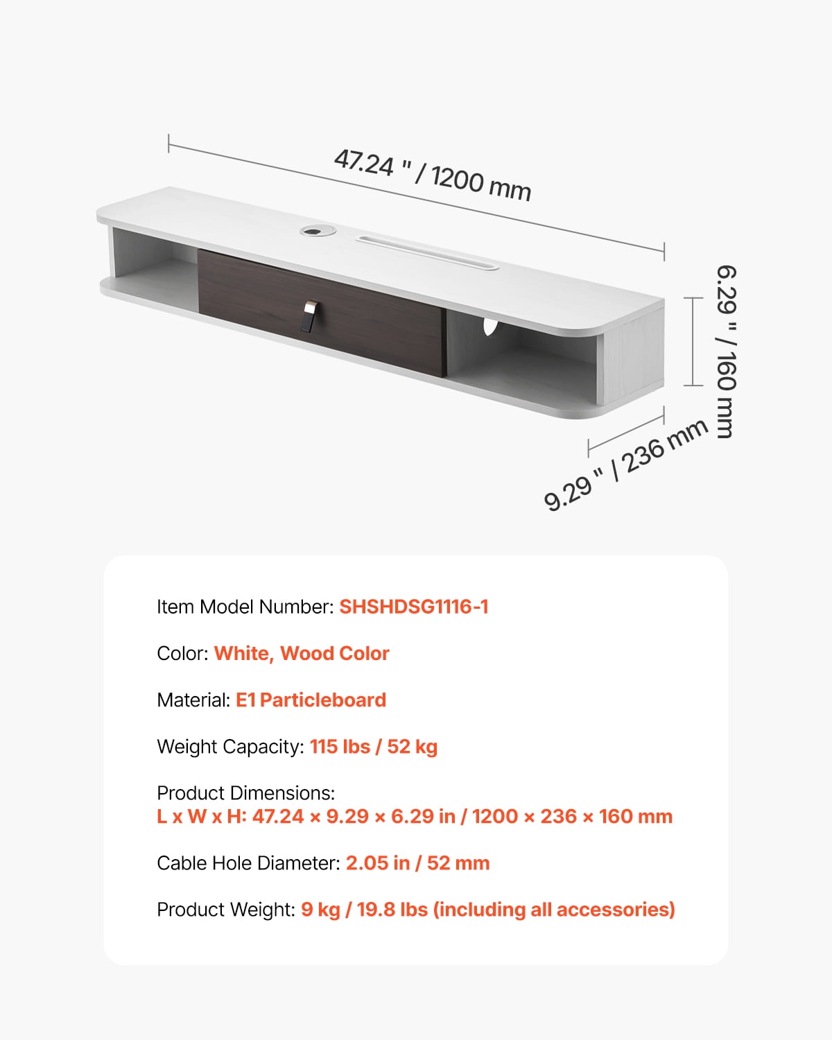 VEVOR Floating TV Stand, 47 in Wall Mount Entertainment Center with Cable Hole, Modern Floating TV Shelf with Storage Cabinet, Particle Board Console for DVD Player, Cable Box, Game Console, White
