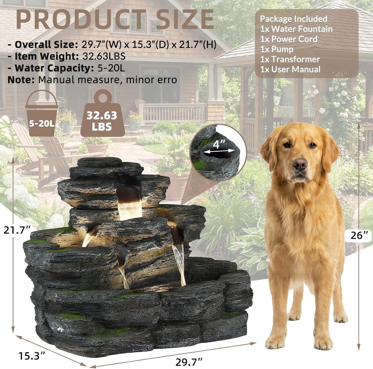 EPICOZY 5-Tier Rock Outdoor Water Fountain, 29.7" L Realistic Moss Decor & Cascading Waterfall Fountain with LED Lights, Resin Garden Water Feature for Patio, Yard & Porch, Home Art Décor