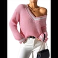 thumbnail image 2 of Suéter Holgado de Punto A Rayas de Larga para Mujer, Estilo Preppy, para Otoño e Invierno, con Cuello en V Rosa L, 2 of 10
