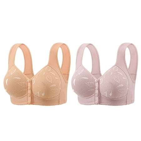 REORIAFEE Womens Bras 2 Pack Front Closure Wireless Gathered Together Bras Solid Brassiere Breathable Wide Strap Comfy Corset Underwear Classic Comfortable Support Lingerie Beige M