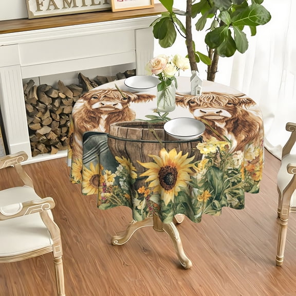 1pc Highland Cow Sunflower Print Round Table Cover, Picnic Season Dining Tablecloth, Stain Resistant Cover for Farmhouse Small Home Parties, 35/49/60/71 Inch