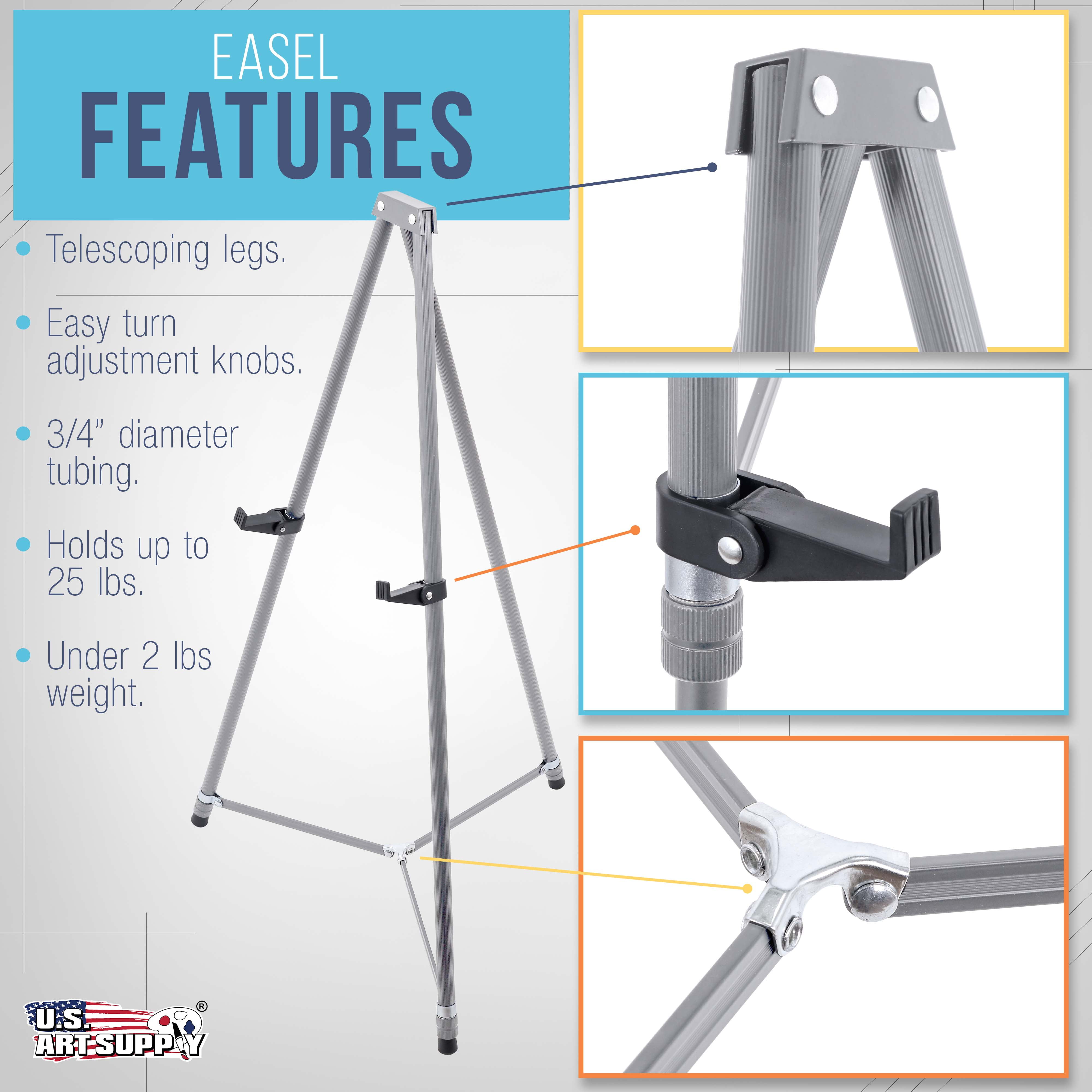 U.S. Art Supply 66" High Gallery Silver Aluminum Display Easel (Pack of 4), Adjustable Floor Tabletop Presentation Stand