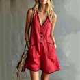 thumbnail image 4 of Women's Summer Casual Romper V Neck Sleeveless Short Jumpsuits Button Down Overalls with Pockets Lightweight Lounge Playwear Beach Vacation Essential, 4 of 6
