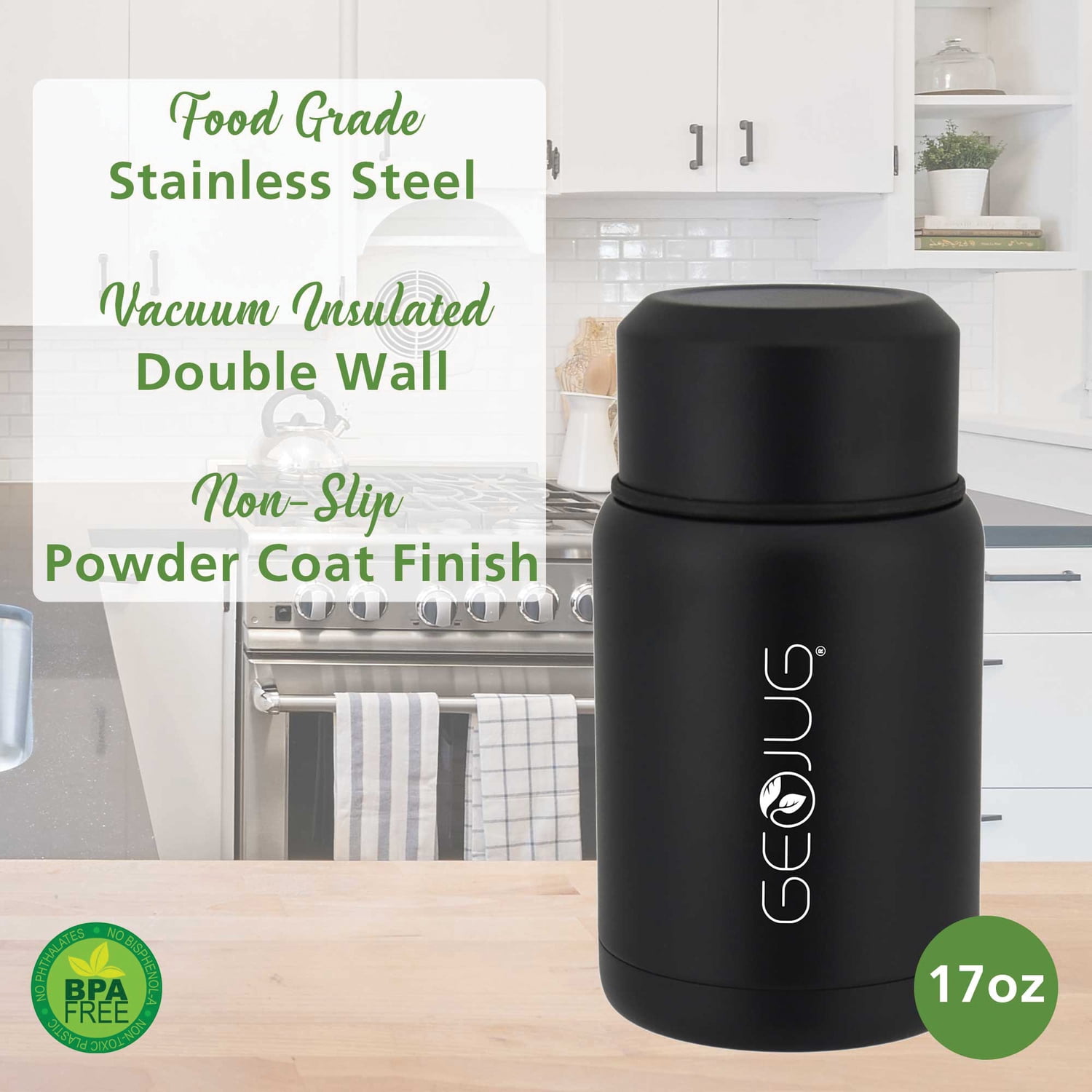 Brentwood Geojug Vacuum-Insulated Stainless Steel Food Jar with Bowl and Folding Spoon, Black (17 Oz.), FTS-500BK