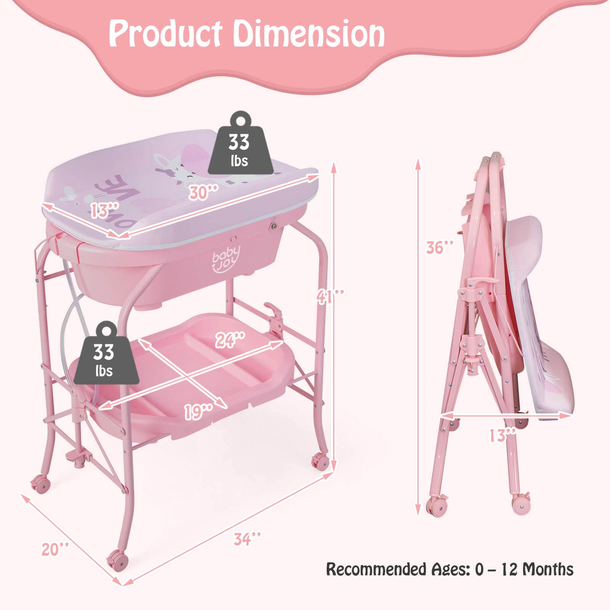 Babyjoy Changing Table with Bathtub Folding Portable Diaper Station Steel 0-12 Months PP Pink