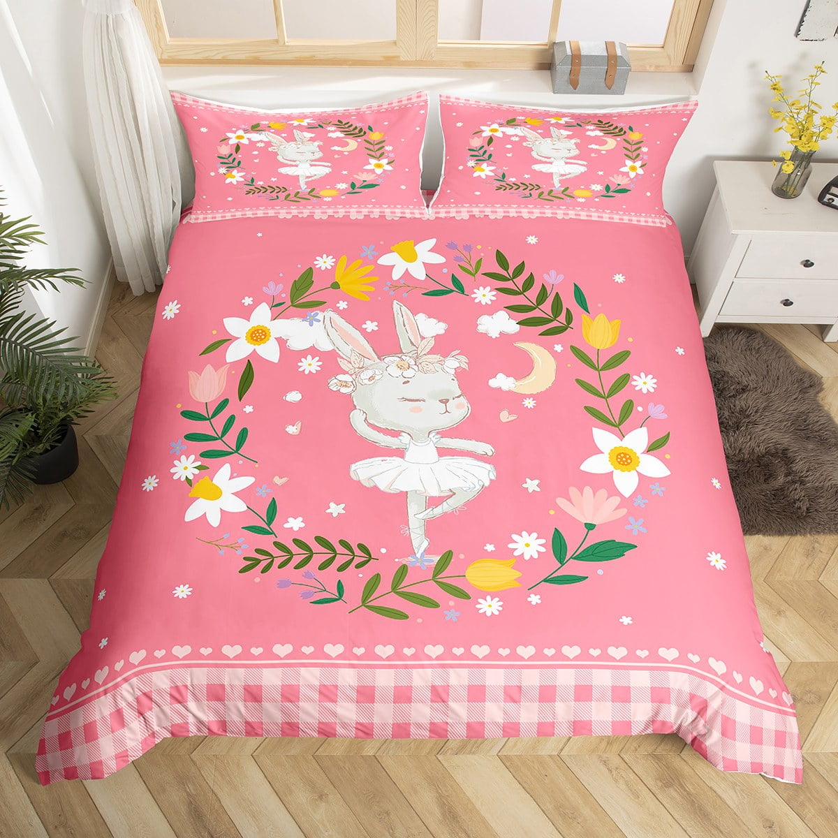 YST Cute Rabbit Duvet Cover Twin Kawaii Animal Bedding Set for Girls Boys, Geometric Plaid