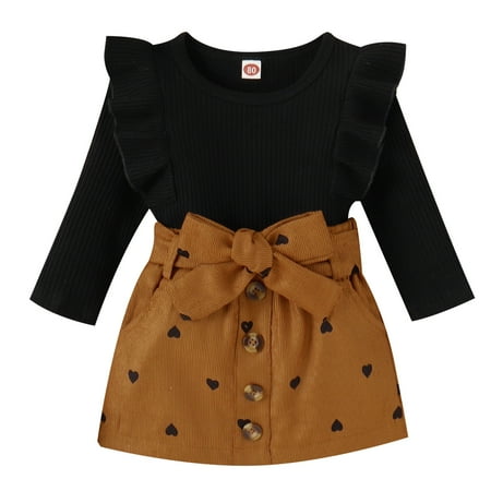 

Toddler Girls Ruffles Long Sleeve Ribbed T Shirt Tops Love Prints Bow Tie Skirt Outfits Baby Room Ideas