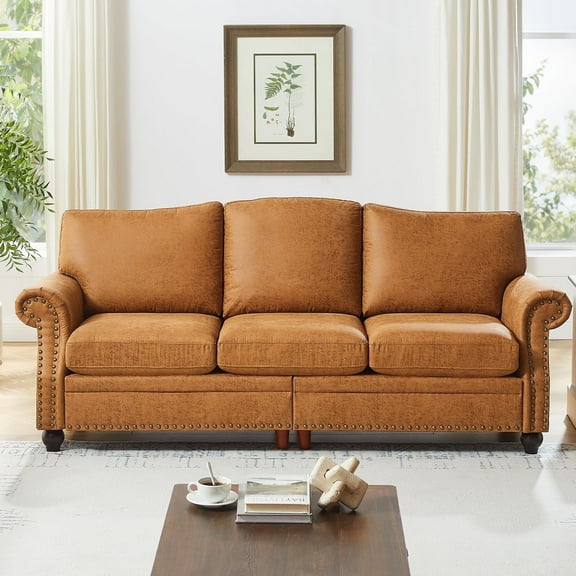 85" Luxury Sofa, 3 Seater Comfortable Suede Faux Leather Sofa with Rolled Arms and Nailhead Trim, Brown
