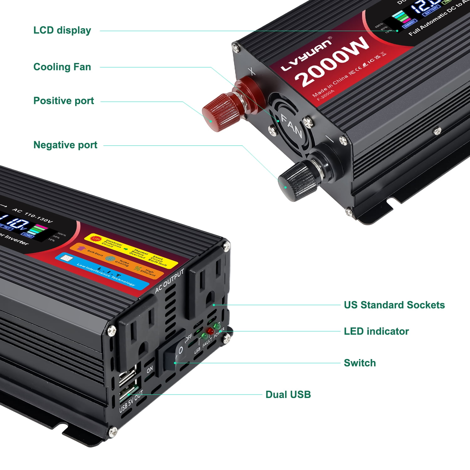 LVYUAN 1000W 2000W Modified Sine Wave Peak Power Inverter, 12V DC to 110V AC Car Inverter with Dual USB & AC Outlets, LCD Display, Black for RV, Truck, Camping, Travel (Inversor de Energía para Auto)