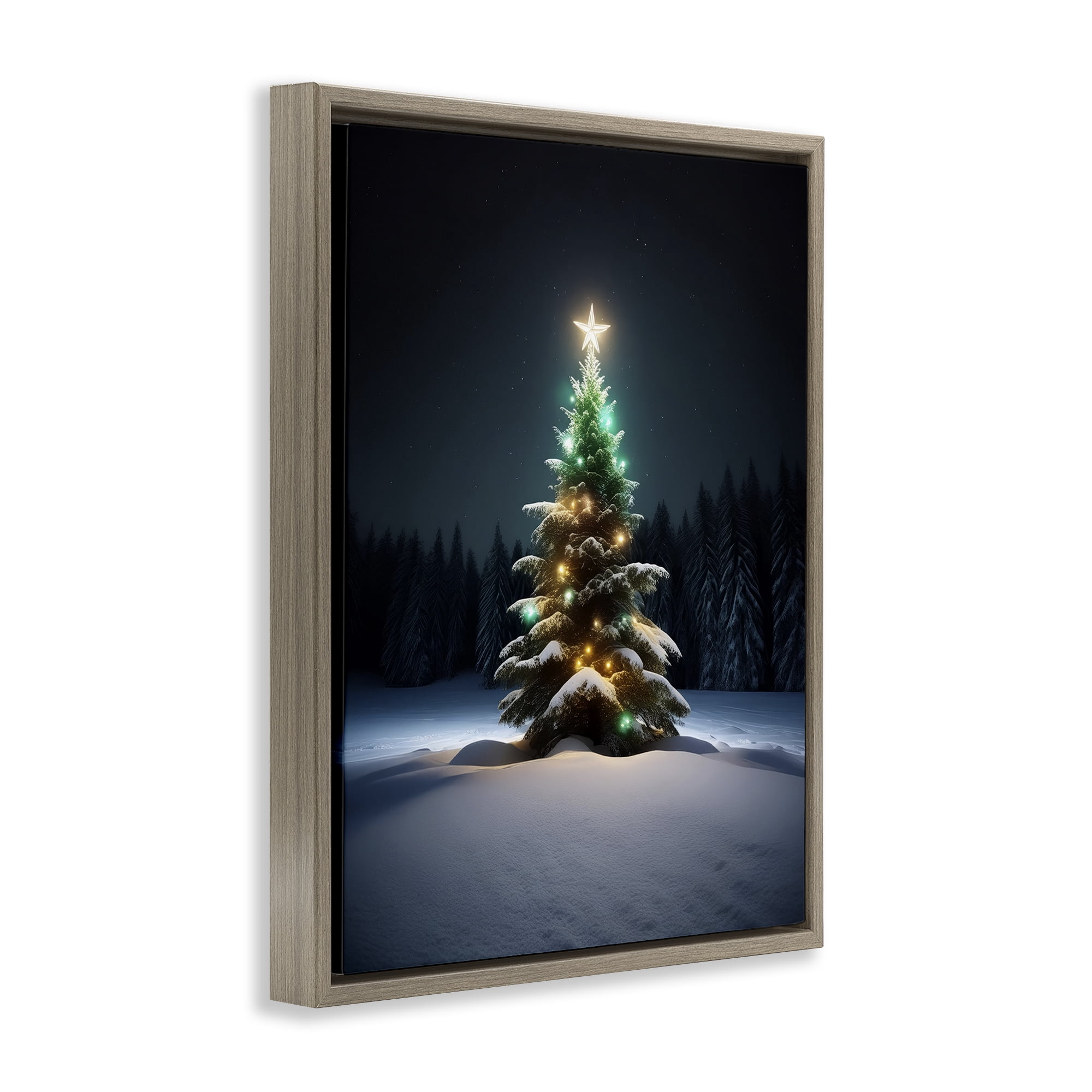 Stupell Industries Clear Night Snowy Tree Holiday Photography Brown Floater Framed Canvas Art Prints Wall Art, 17 x 21