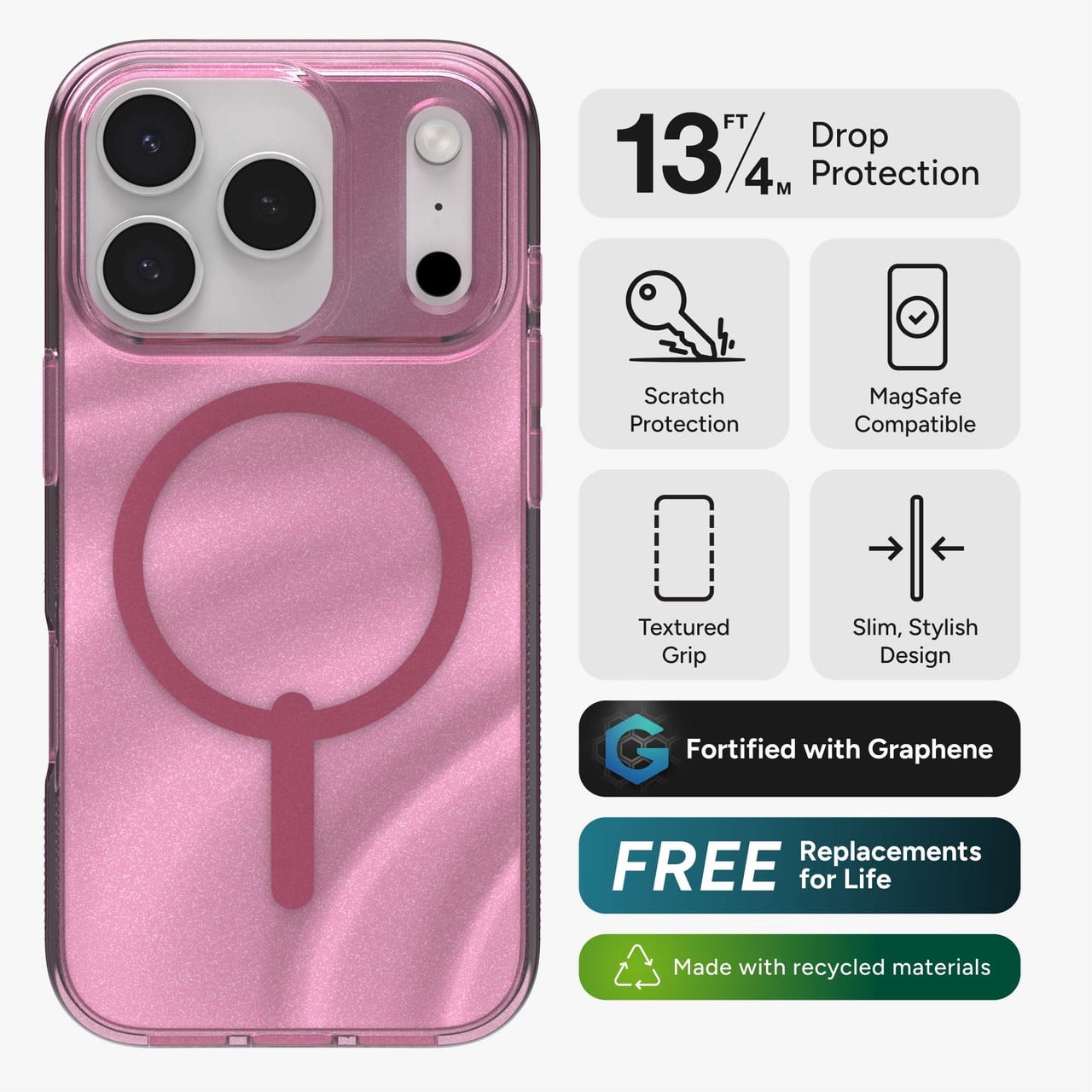 ZAGG Milan Snap Case For iPhone 17 Pro - Pink Glimmering Wave Graphene Strengthened Phone Case with Drop Protection (13ft/4m) Textured Edges & Sparkle Design MagSafe Charging Compatible
