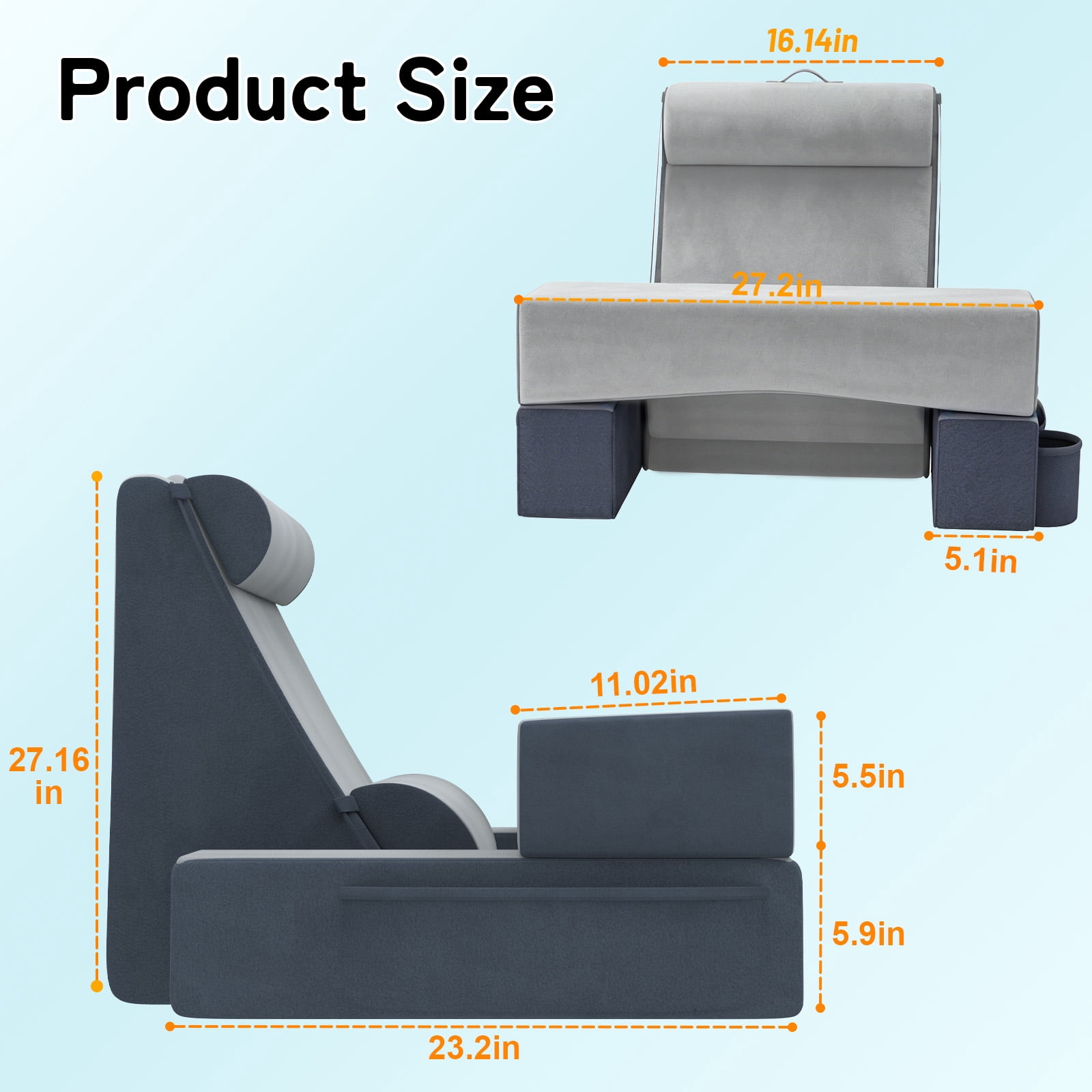 Yacona Reading Pillow, Bed Pillow for Sitting up with Multifunctional Support Pad, Adult Bed Chair Upright Pillows for Sleeping, Gray