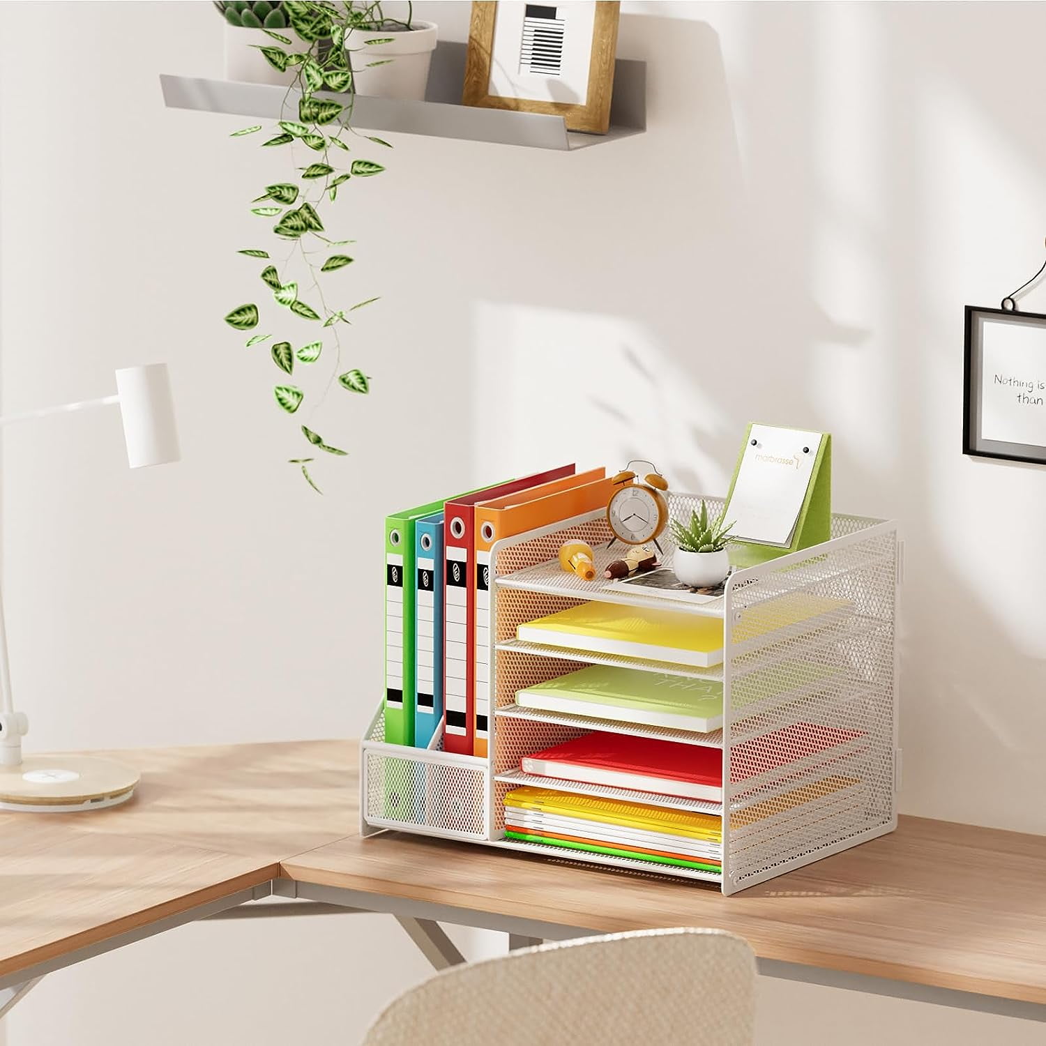 Marbrasse Desk Organizer with File Holder, 5-Tier Paper Letter Tray Organizer, Mesh Desk Organizers and Accessories with Magazine Holder, Desktop Organizer and Storage for Office Supplies (White)
