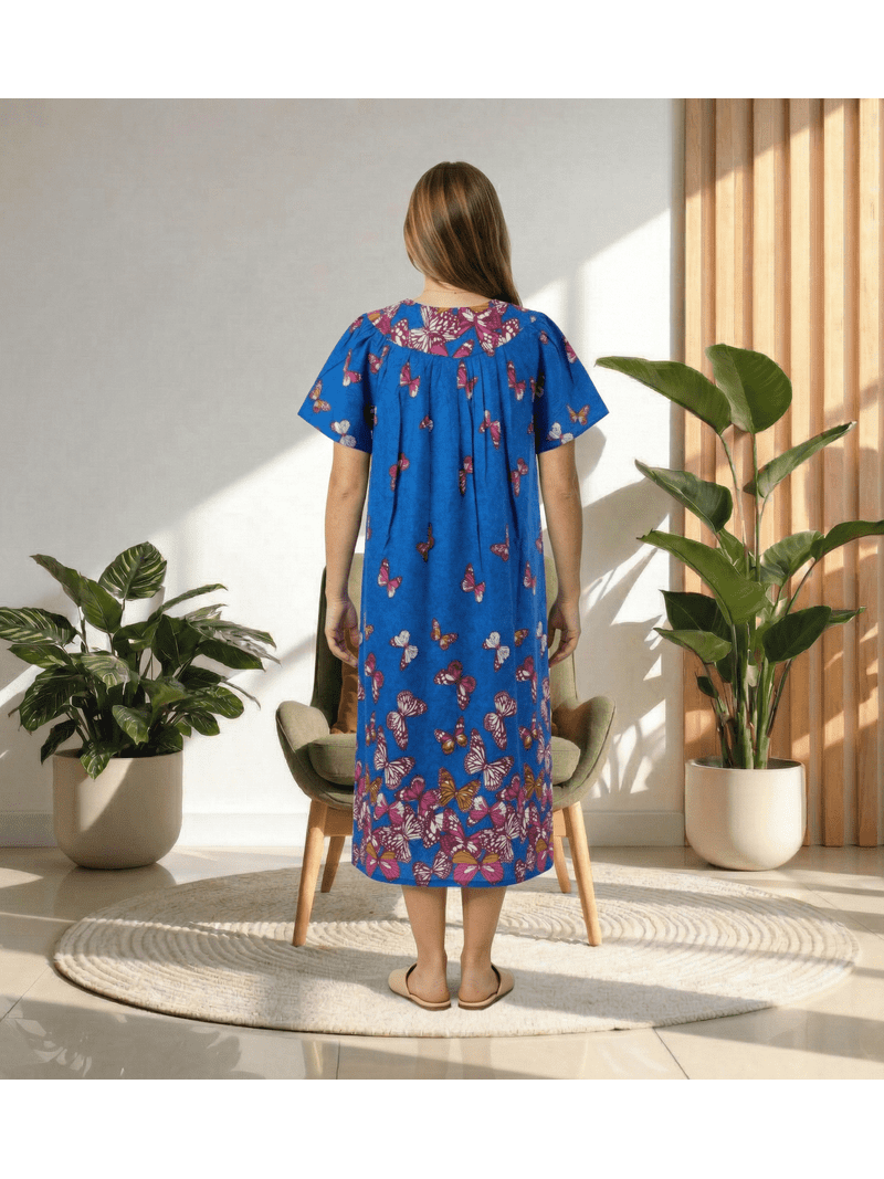 Loungees Border Print Cotton Lounge Dress House Dress Caftan V-Neck Yoke Short Sleeve | Blue | Plus 3X-large | Pajamas Nightshirts