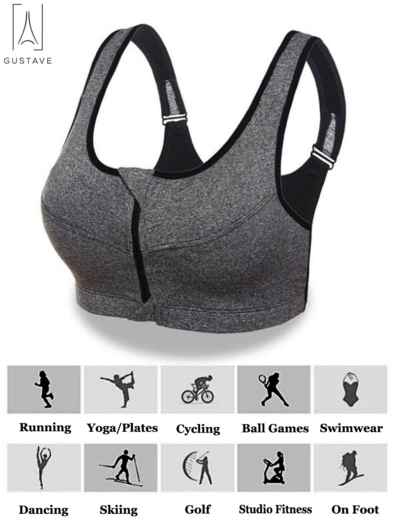 Gustave Women High Impact Front Zip Sports Bra Push Up Padded Workout Yoga Bras Wirefree Shockproof Fitness Vest Tops "Gray,L" - image 2 of 10