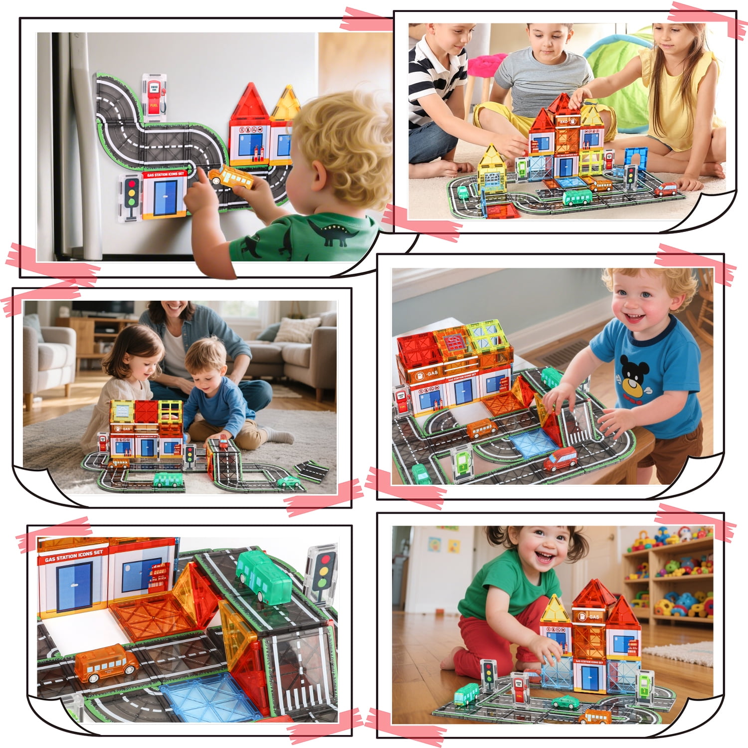 Freecat 63PCS Magnetic Tiles, Gas Stations Building Blocks Toys for Kids Ages 3-12 Years, STEM Educational Toys Christmas Birthday Gift for Kids Boys Girls.