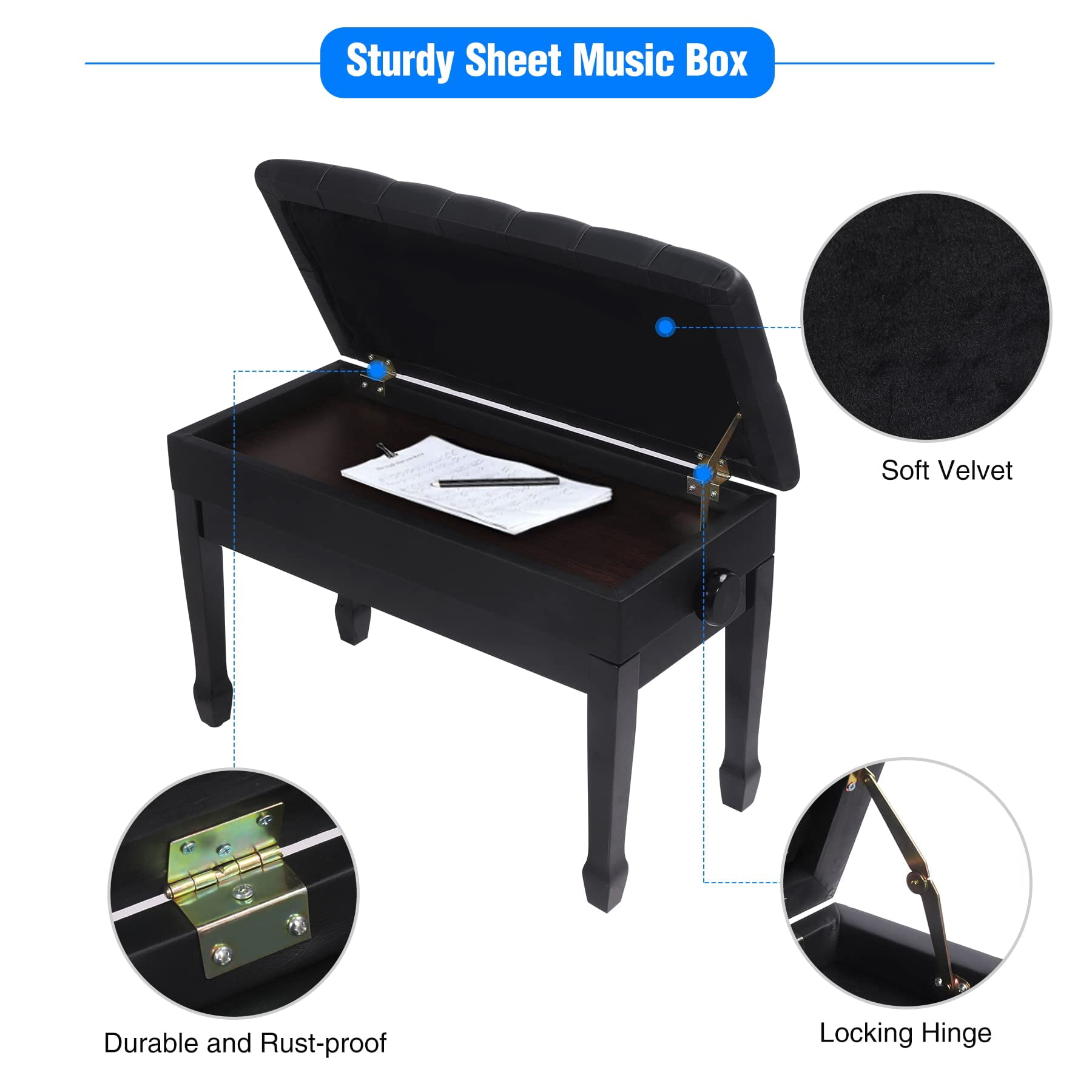 Adjustable Duet Piano Bench With Storage Heavy Duty Wooden Double Keyboard Seat Pu Leather Cushion Black