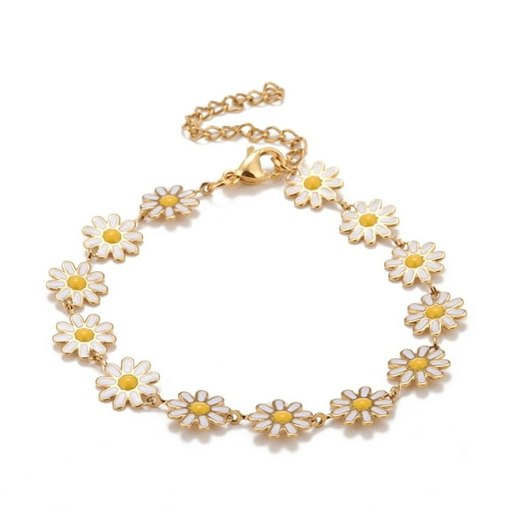 5pc Enamel Daisy Link Chains Bracelet PVD Vacuum Plating 304 Stainless Steel Jewelry for Women Golden White 7-1/4 inch(18.4cm)