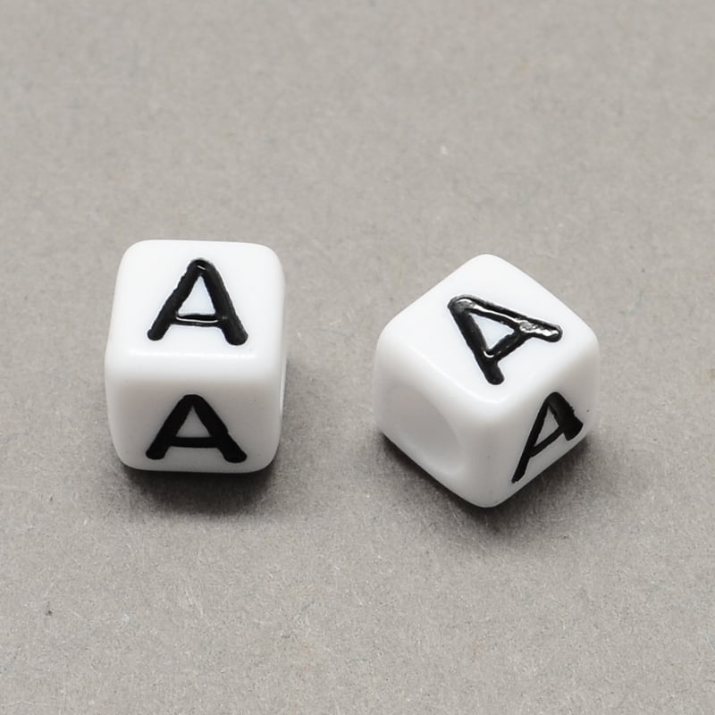 Large Hole Acrylic Letter European Beads Horizontal Hole White Black Cube with Letter.A 6x6x6mm Hole: 4mm 2950pcs/500g