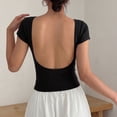 thumbnail image 4 of Women's U-Shaped Backless Short-Sleeve Tops Solid Color Boat Neck Base T-Shirt Bodycon Casual Tees Yoga Workout Tops Black, 4 of 7