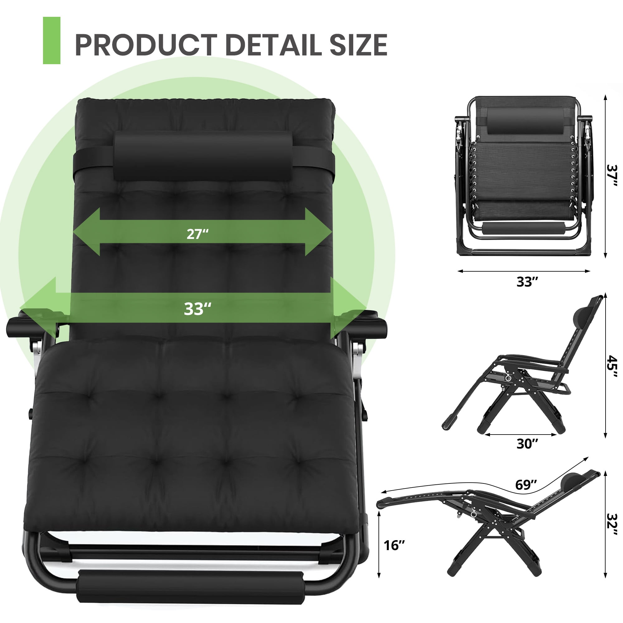 GVDV Oversized Zero Gravity Chair, 33In XXL Lounge Chair 500lbs Capcity with Removable Thick Cushion, Lawn Patio Reclining Chair Upgraded Alloy Lock and Cup Holder, for Indoor Outdoor, Black
