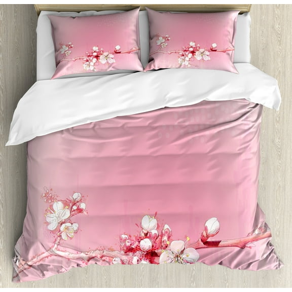 Peach Duvet Cover Set, Japanese Inspired Cherry Blossom Branch Sakura Flowers in Soft Colored Spring Time, Decorative 3 Piece Bedding Set with 2 Pillow Shams, Queen Size, Pink White, by Ambesonne